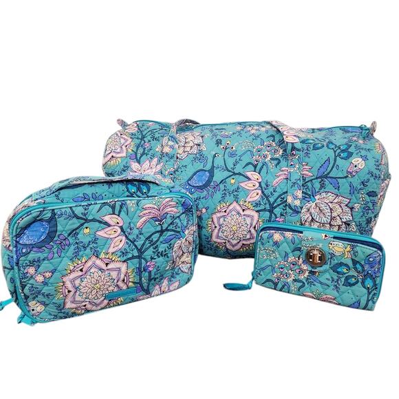 VERA BRADLEY SET OF 3 LARGE DUFFEL WALLET COSMETIC MAKEUP BAG TEAL PEACOCK BIRDS - Picture 2 of 11